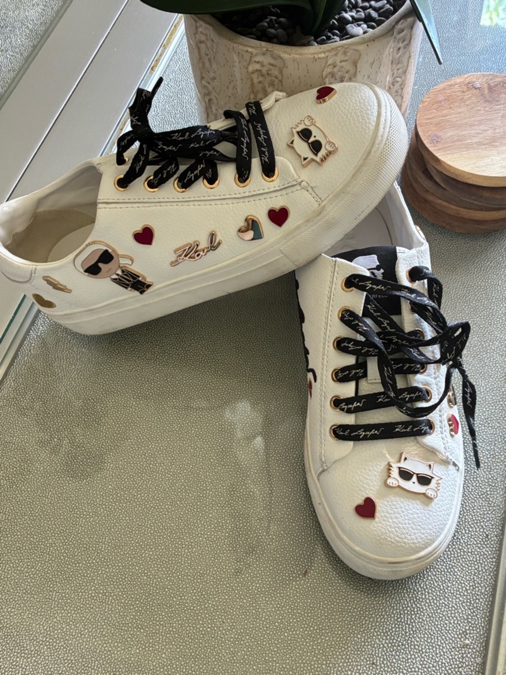 Karl Lagerfeld White Leather Sneakers with Black Laces and Red Heart Details